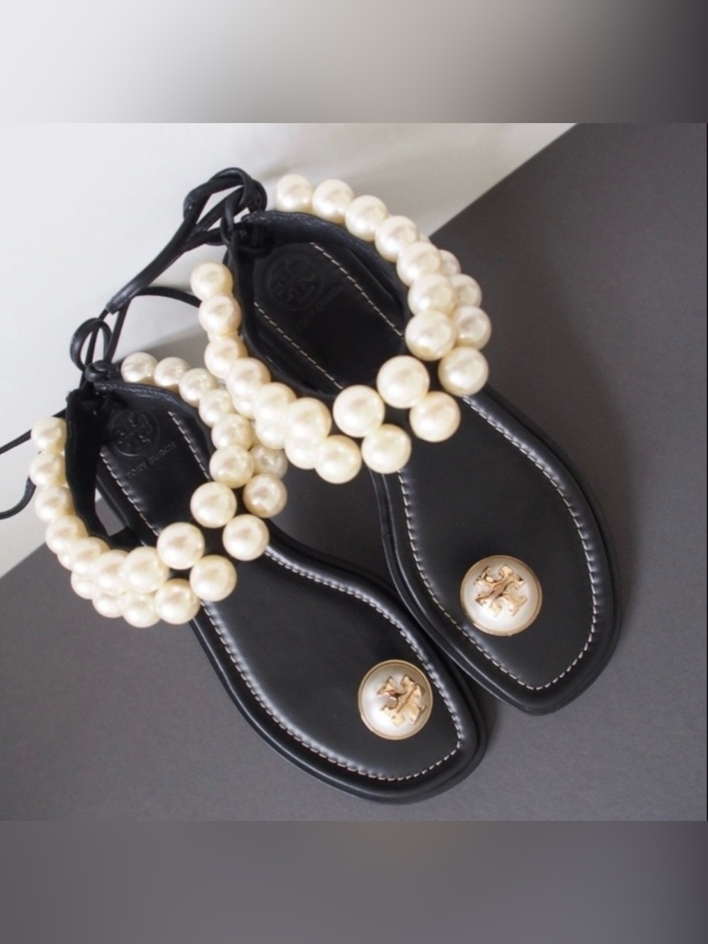 Tory Burch Melody pearl ankle strap flat sandals